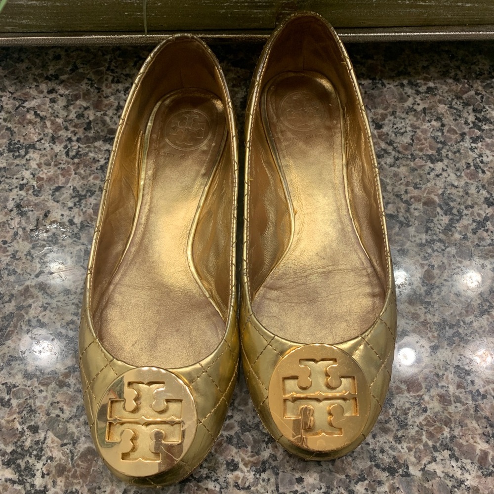 Tory Burch gold quilted ballet flat